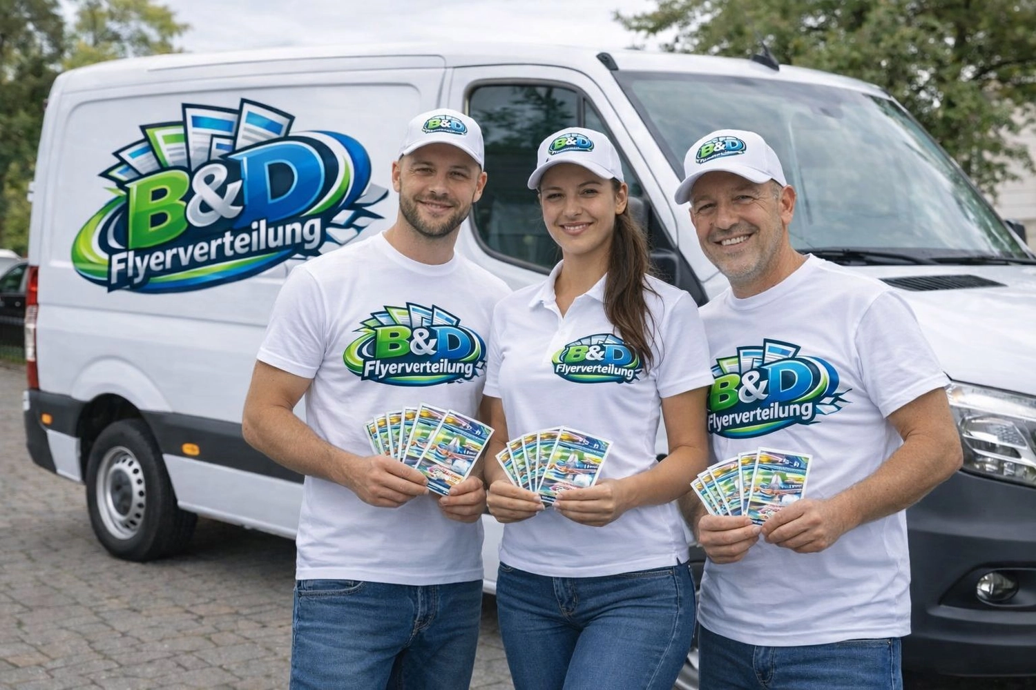 B&D Flyerverteilung - Teammitglieder halten Flyer hoch
