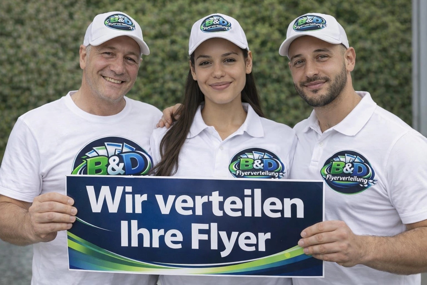 B&D Flyerverteilung - Teammitglieder halten Flyer hoch