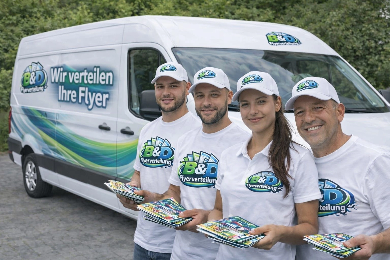 B&D Flyerverteilung - Teammitglieder halten Flyer hoch